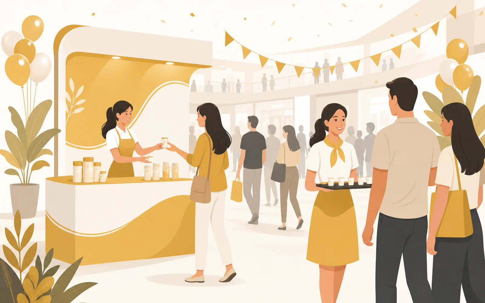 On-ground brand activation with sampling desk and engaged shoppers